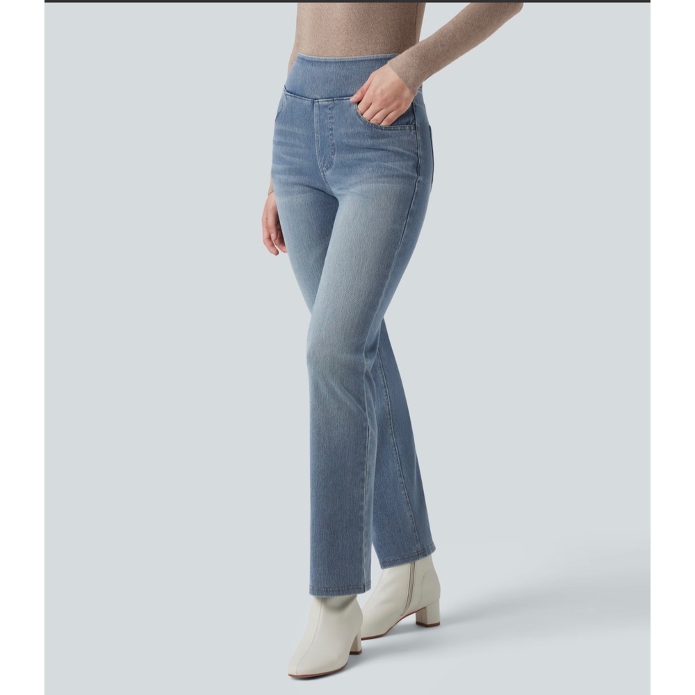 Halara High Waisted Straight Leg Jeggings Blue Denim Light Wash Pull On Size M